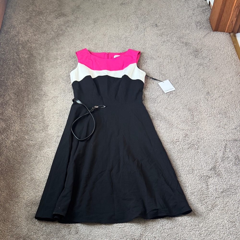 Calvin Klein Black Pink Colorblock A-Line Dress SIZE 4 Sleeveless Belted Flare